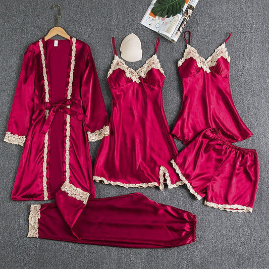 5 IN 1 QUALITY SILK PAJAMA LINGERIE SLEEPWEAR SET