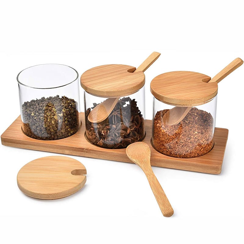 High quality 3in1 glass sugar set with bamboo stand