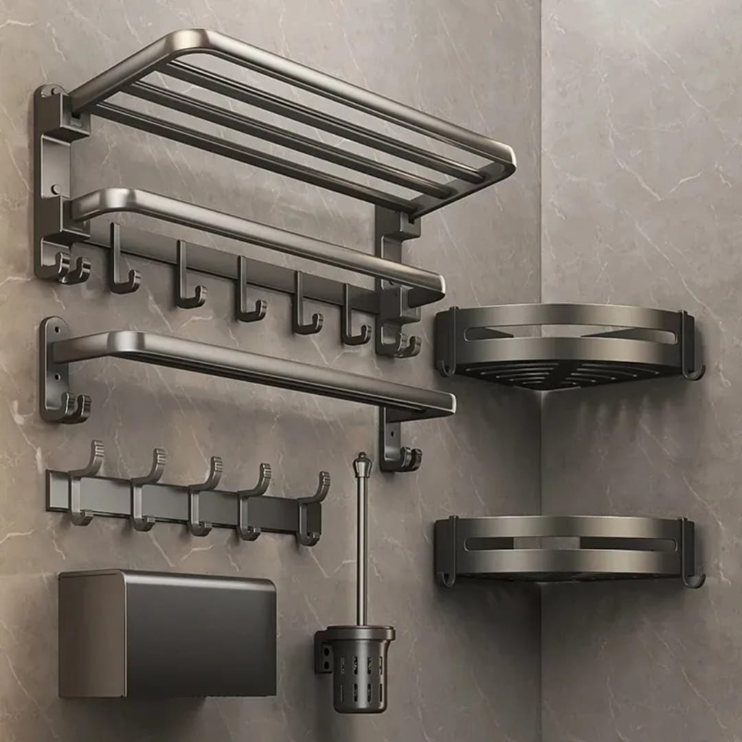 7pcs Black Multifunctional Aluminum Bath Towel Storage Rack