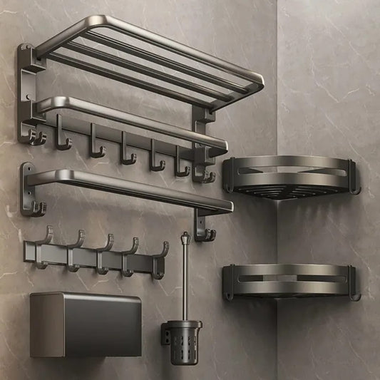 7pcs Black Multifunctional Aluminum Bath Towel Storage Rack