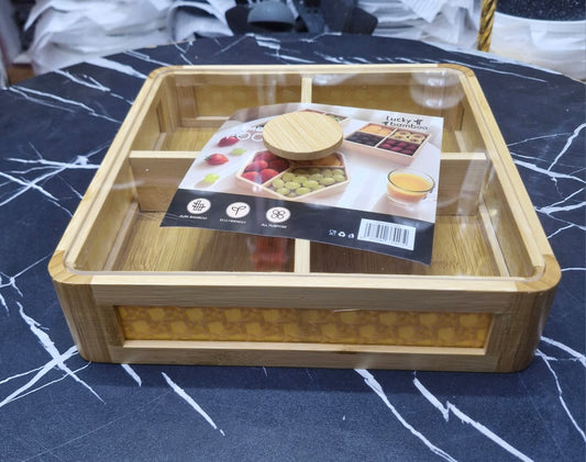 Premium square Bamboo 4-Section  Tea / Snacks Tray with Lid.