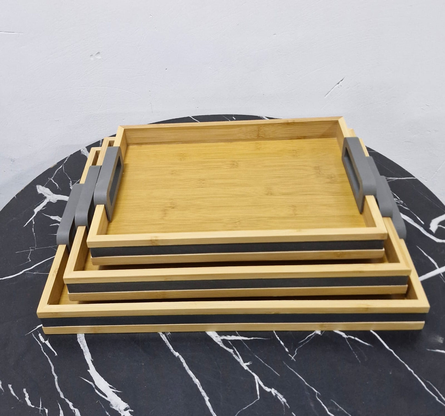 3-Piece Bamboo Nesting trays with Grey Handles