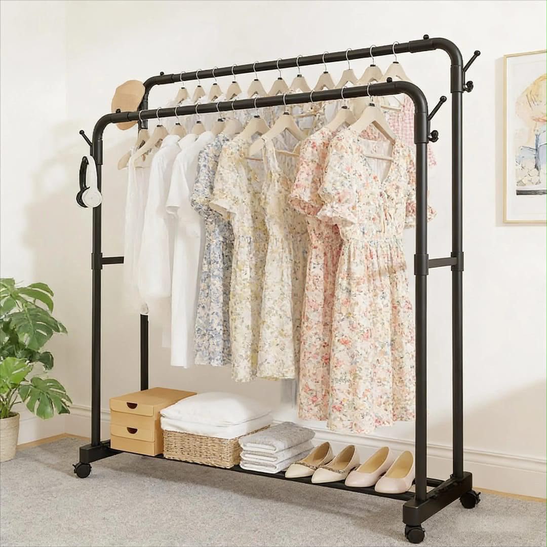 Double pole wheeled cloth rack with a bottom shoe rack