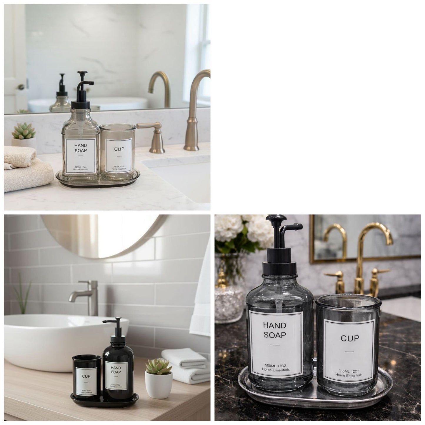 3pc sleek glass hand soap dispenser,matching cup & tray