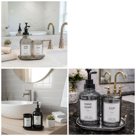 3pc sleek glass hand soap dispenser,matching cup & tray