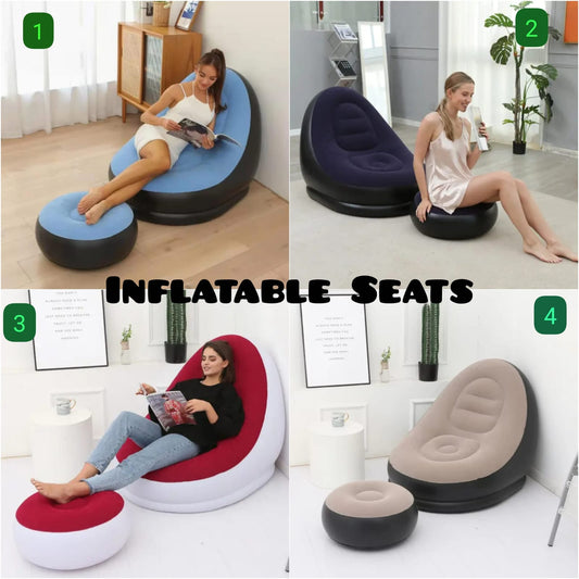 Inflatable sofa seat with foot stool and manual pump