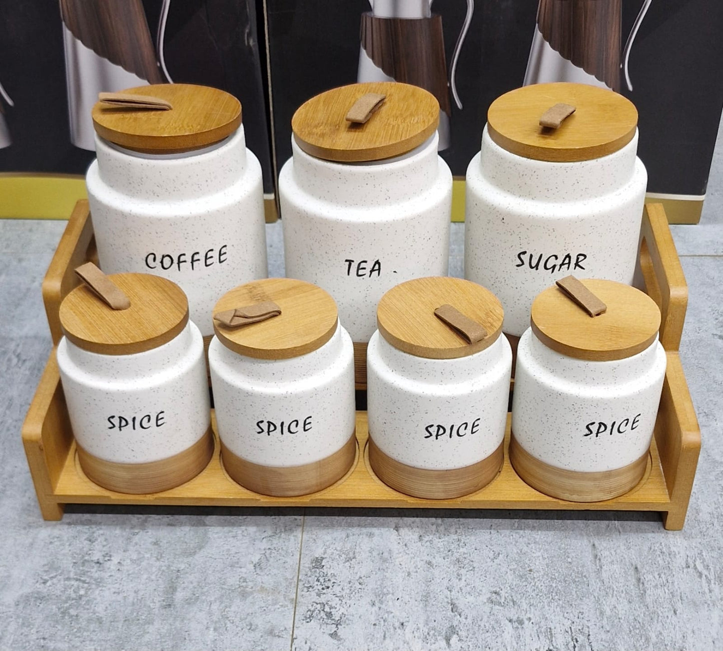 7pc White Speckled Ceramic Canister Set with Wooden Stand*