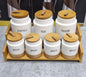 7pc White Speckled Ceramic Canister Set with Wooden Stand*