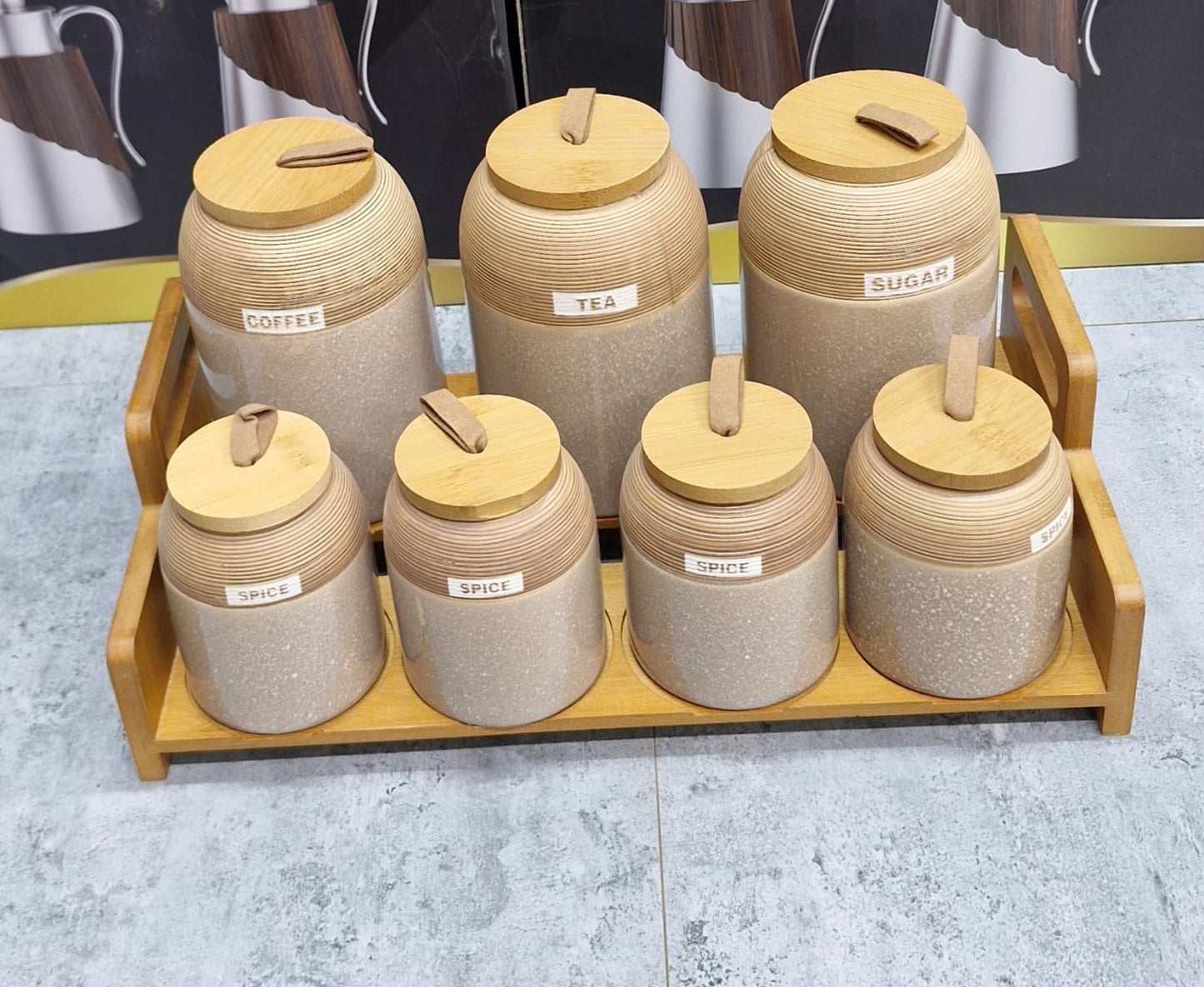 7pc Speckled Ceramic Spice set with Wooden Stand