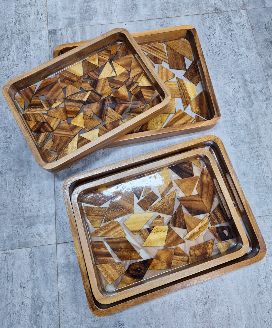 2pc Elegant Wood Mosaic Serving Tray Set.