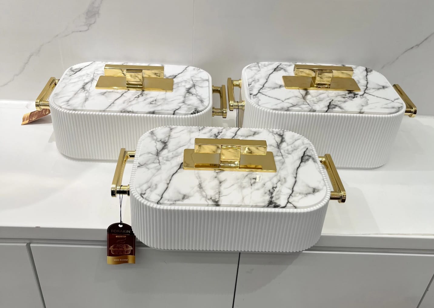 3pcs Premium Ribbed Marble +Gold insulated Food warmer