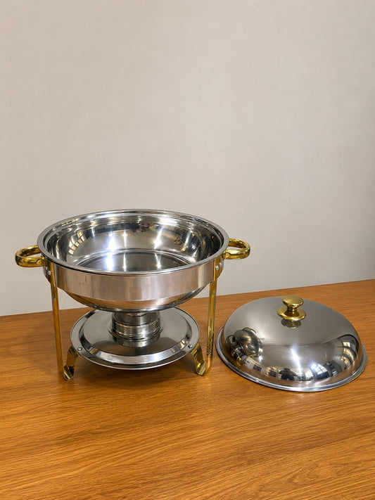 1pc Round Stainless Steel Chafing Dish – 6Litre, Gold Accents, Glass Lid