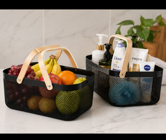 Large mesh plastic baskets with wooden handle