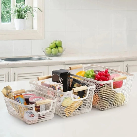 Mesh Plastic Storage Baskets with bamboo Handles.
