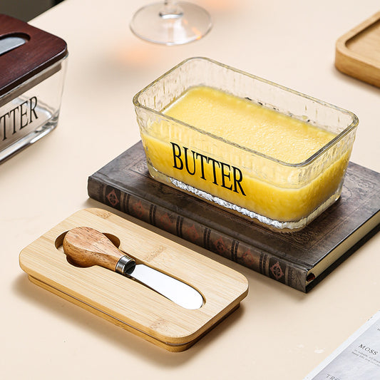 Glass butter tin with bamboo lid and spread knife 500ml