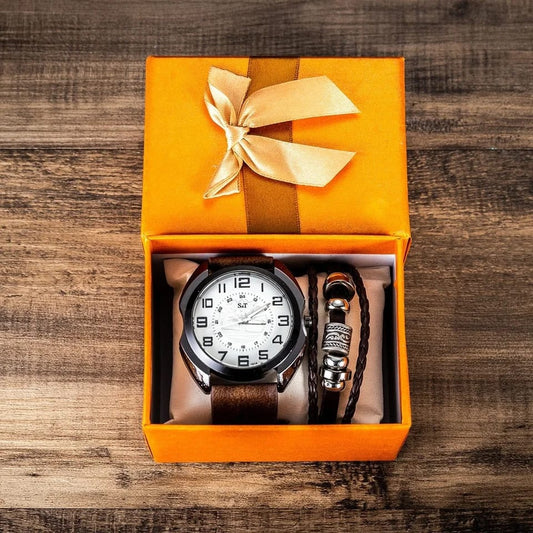 New 2Pcs/Set Fashion Mens Watches Set Gift Box Quartz Watch for Men Luxury Bracelet Watch Set Male Clock Christmas Best Gifts