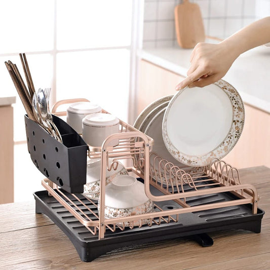 Kitchen Dish Drying Rack,Aluminum Sink Stand Organizer with Drainer,Plate Cutlery Holder,Tools Accessories Storage Shelf Gold