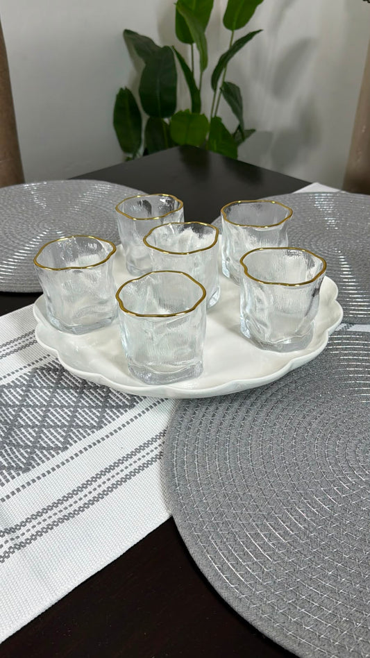 Irregular shape short whiskey glasses with gold rim