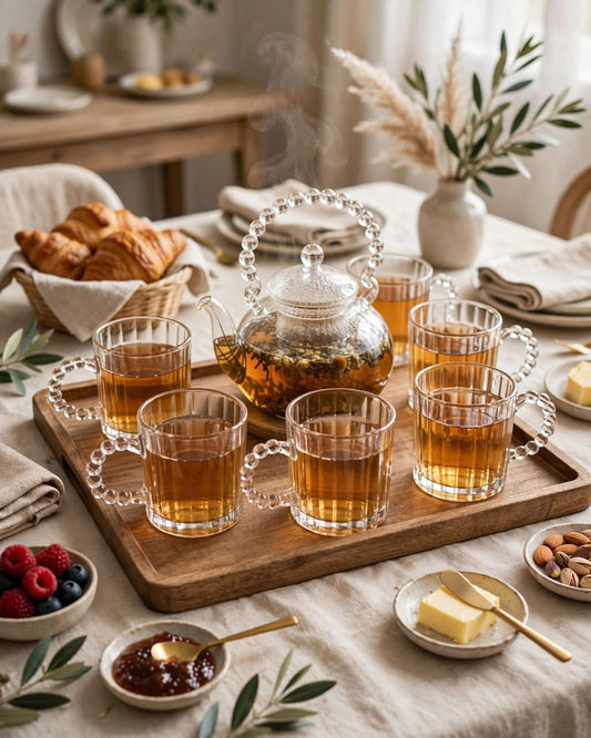 Ribbed Glass Mugs with Beaded embossed Handle 300 ml 6 pcs