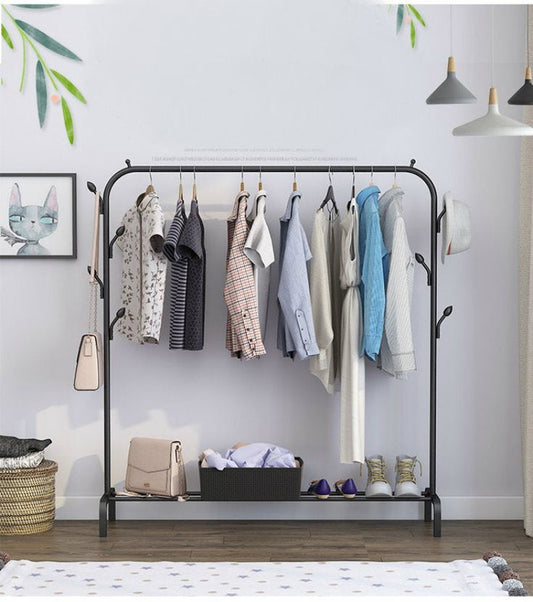 Single pole standing iron cloth drying rack with an under shoe rack