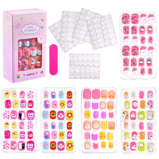 120/24pcs/box Kids Cartoon Pattern Wearing Fake Nails with 5pcs Jelly Glue & 1 Pcs File Candy Colour Children Press On Fake Nails