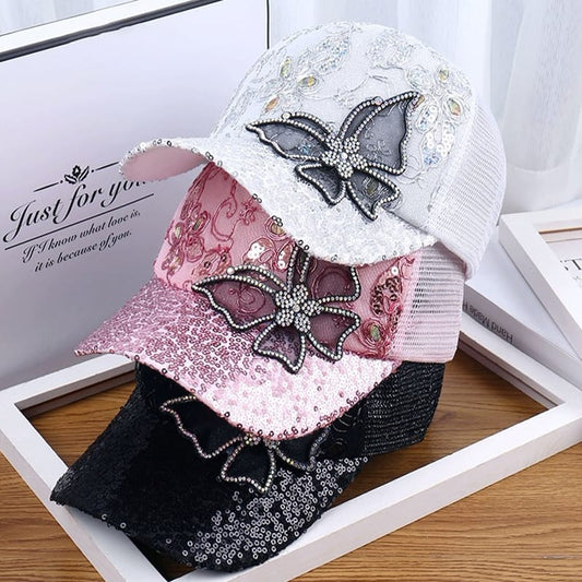 Fashion Mesh Women's Baseball Cap Breathable Black Rhinestone Sun Hat Butterfly Decor Adjustable Peaked Cap Spring Summer Autumn