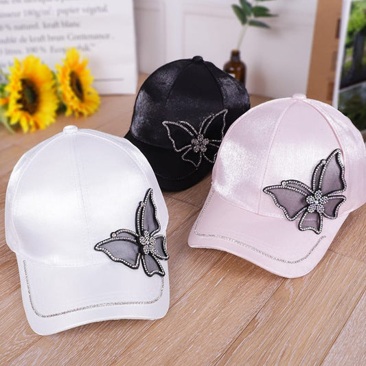 Shiny Rhinestone Butterfly Embroidery Women Baseball Cap Fashion Silk Satin Sun Hat Spring Summer Casual Adjustable Outdoor Hats