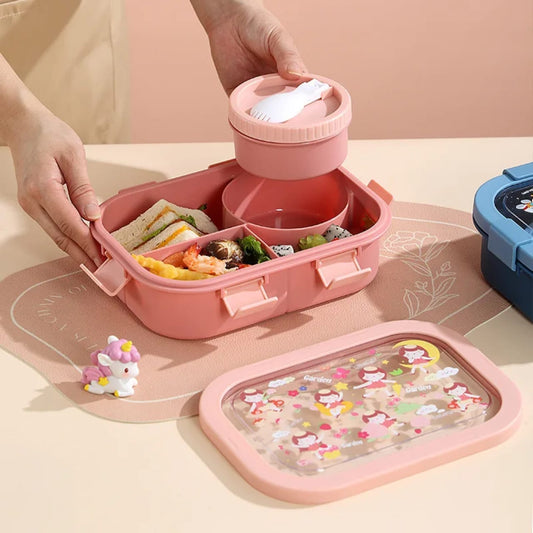 4-Compartment Bento Lunch Box with Spoon, Leak-Proof Food Container, Snap-Lock Lid