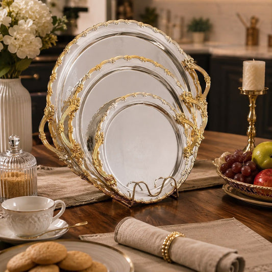 3pcs  Luxury round gold plated premium serving tray set for