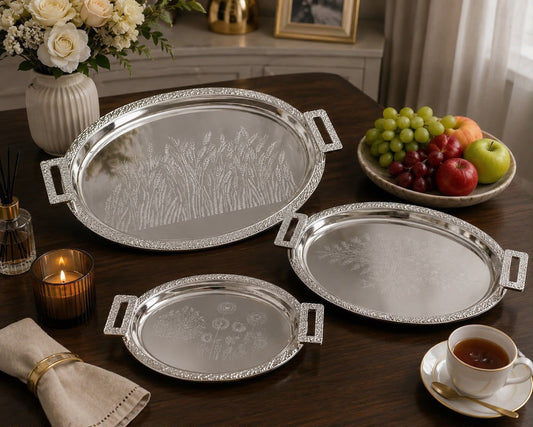 ️3pcs Antique round silver double tone mirror polished metal tray for living room coffee table