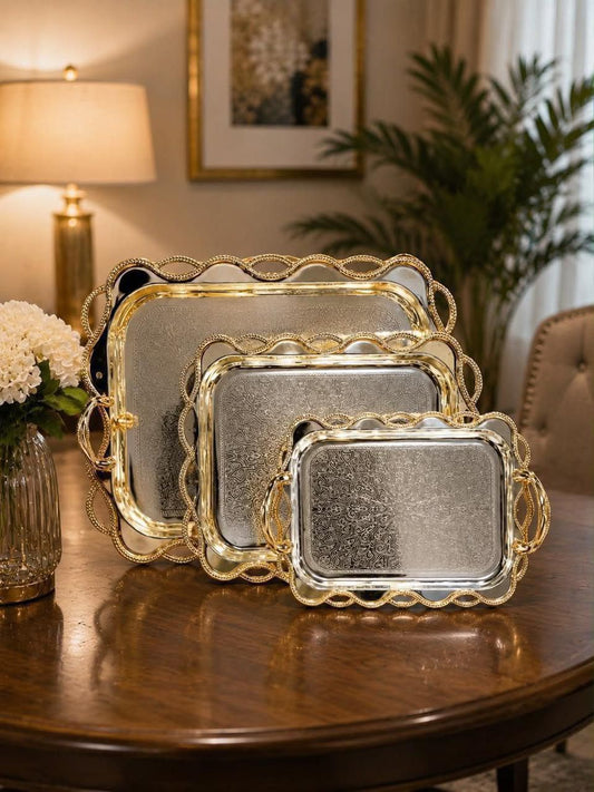 3 pcs rectangular stainless Luxury premium serving trays with gold coated handles.