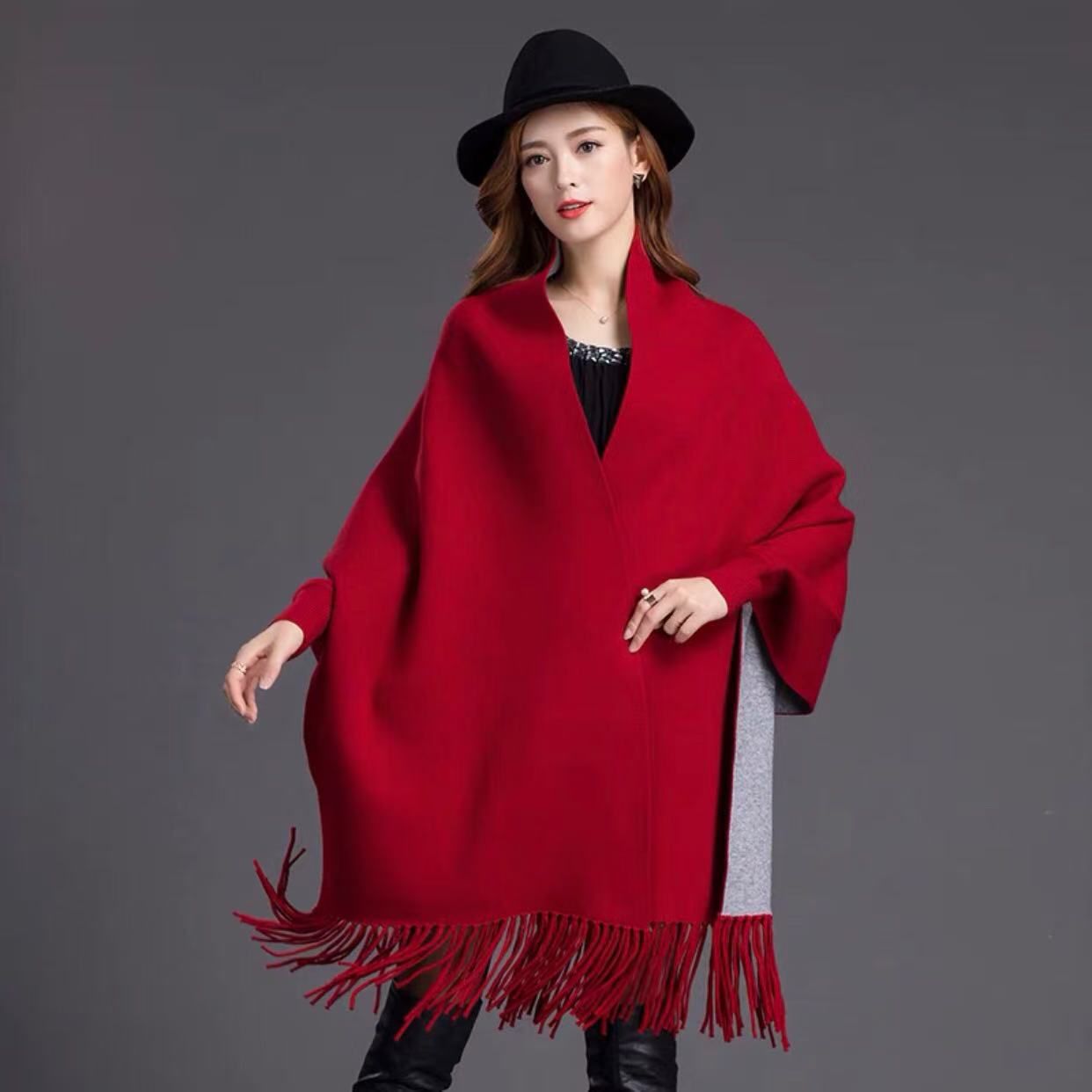 Plain Double Sided Long Sleeve Ponchos Shawls with Tassels