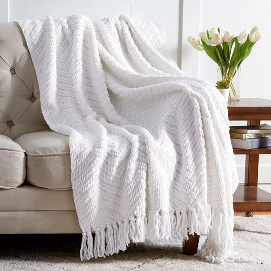 Textured Knitted Heavy Throw Blanket with Tassels