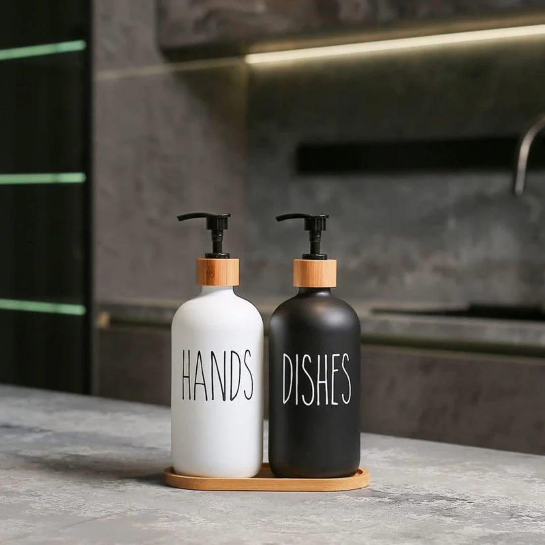 Soap and Dishes Dispenser with Bamboo Holder