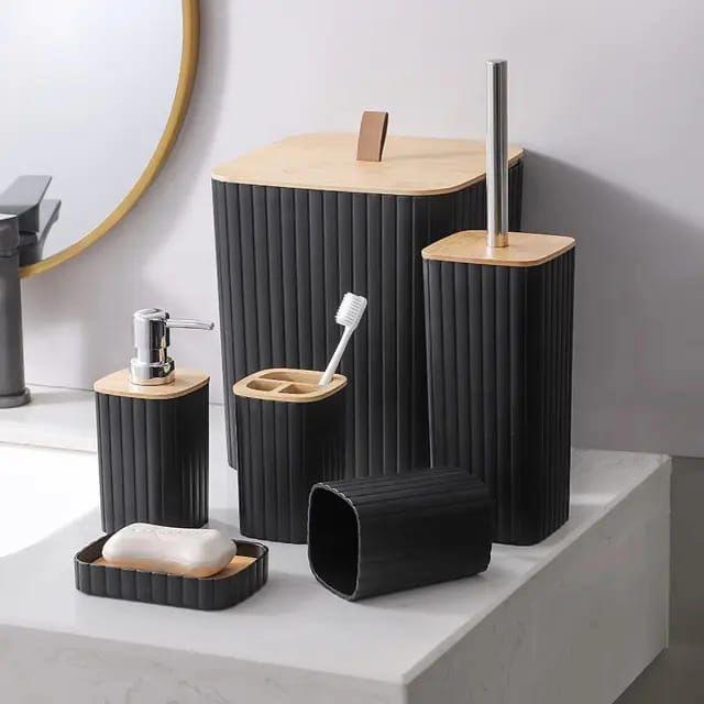 6 in 1 Bathroom Accessories Set with Wooden Top