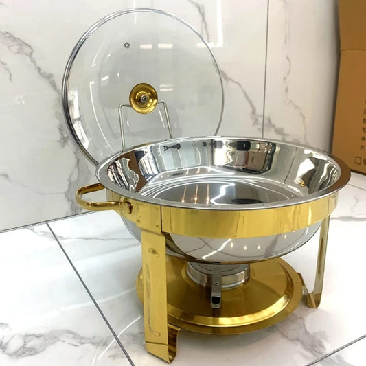 Round Stainless Steel Chafing Dish – 5L, Gold Accents, Glass Lid & Tongs