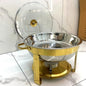 Round Stainless Steel Chafing Dish – 5L, Gold Accents, Glass Lid & Tongs