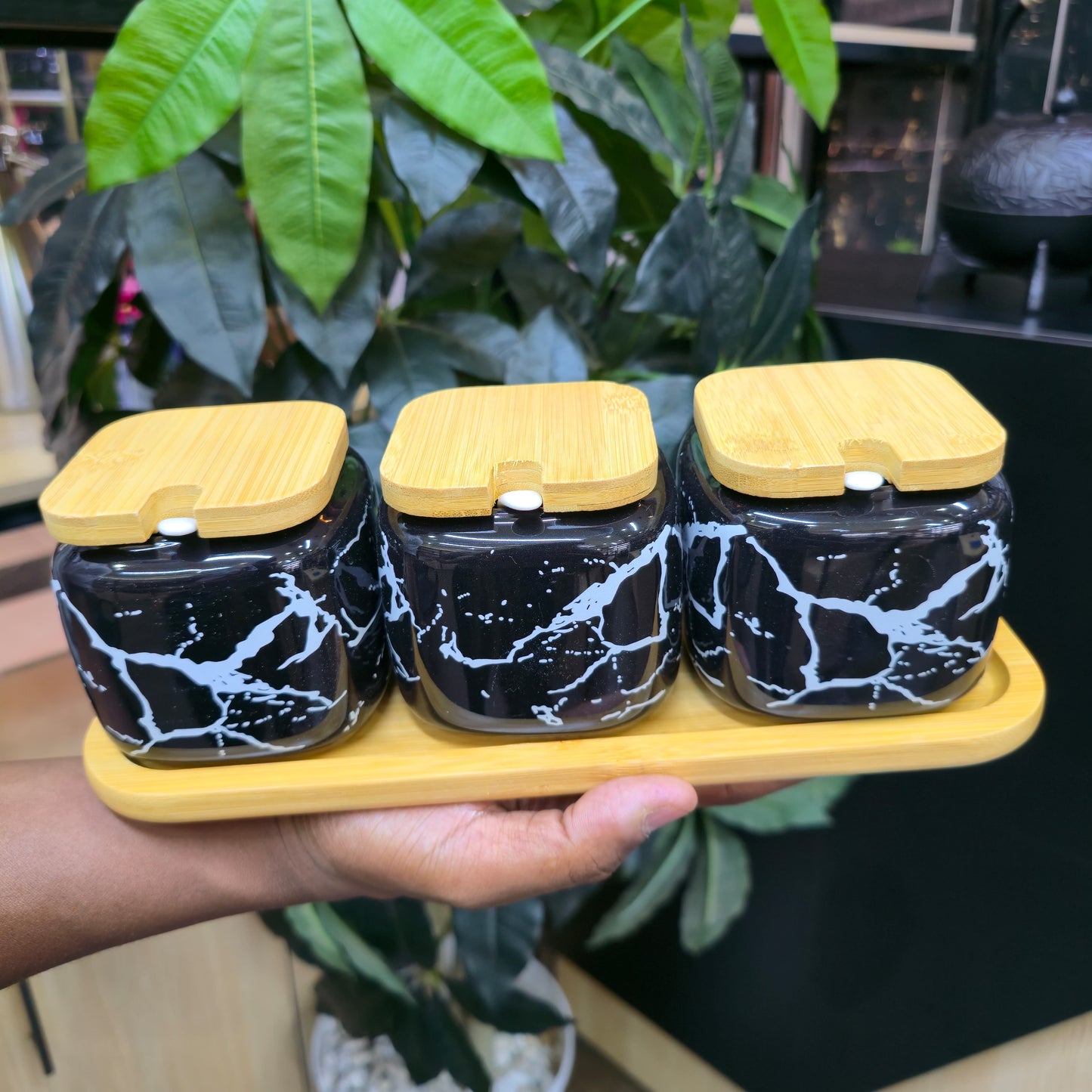 3pcs Ceramic Condiment Set With Lids Spoons & Tray
