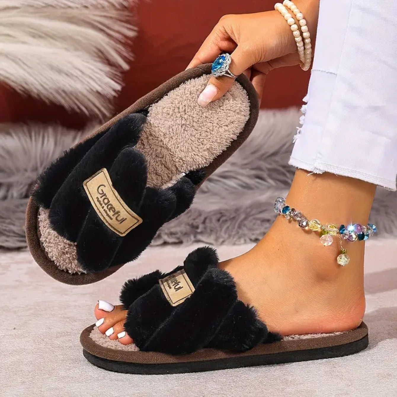 1Pair Casual Open Toe Fluffy Slippers