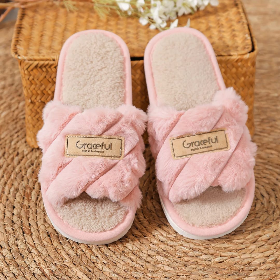 1Pair Casual Open Toe Fluffy Slippers