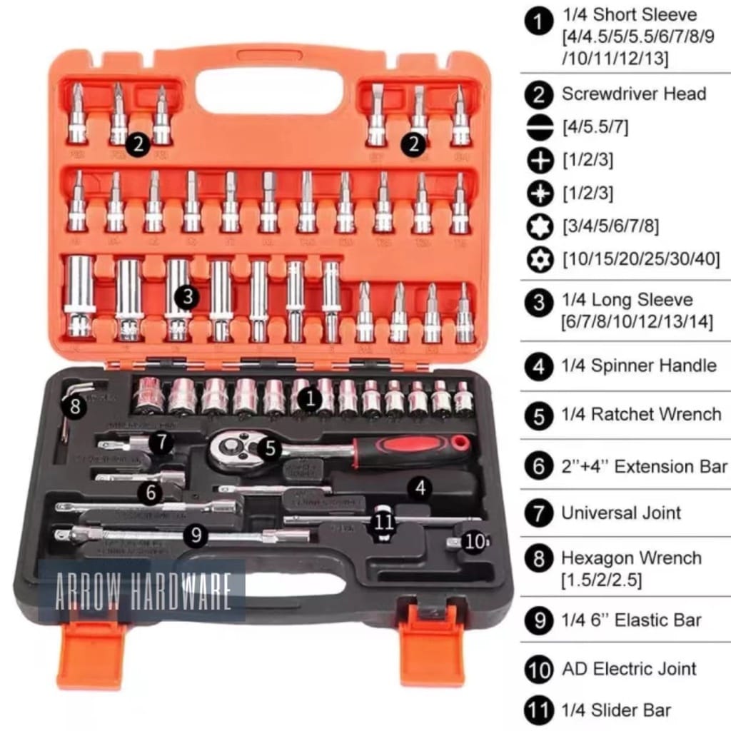 1/4" 53pc Dr socket spanners tool box