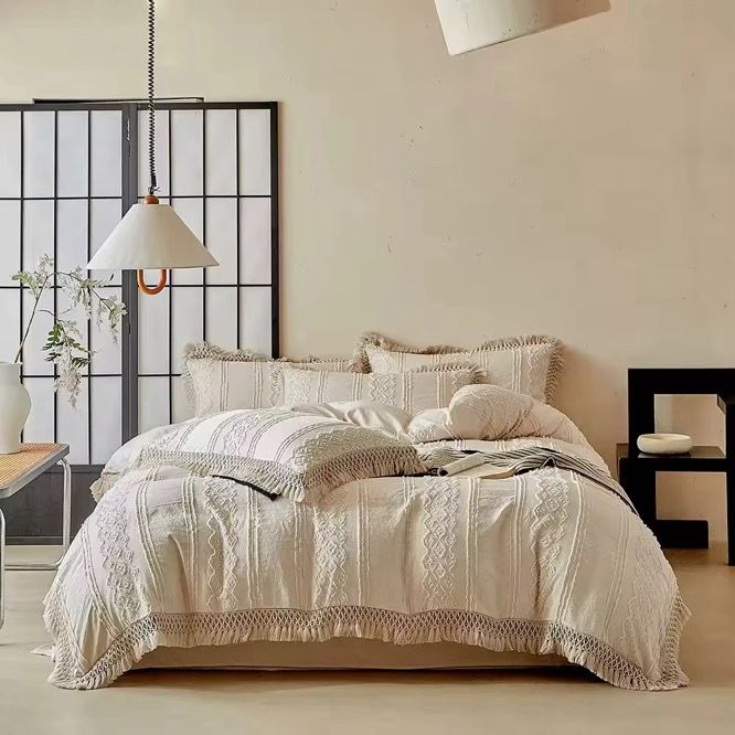 Boho style 3D jacquard tassel 4 piece duvet cover set