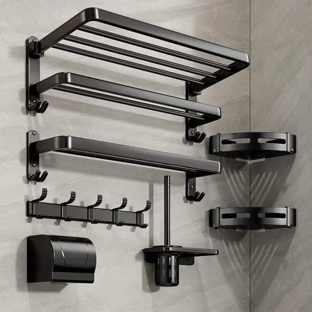 7pcs Black Multifunctional Aluminum Bath Towel Storage Rack