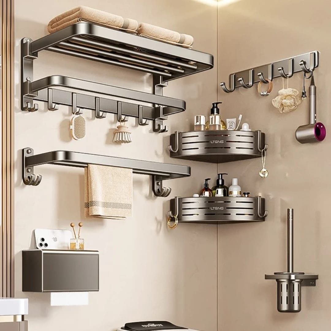 7pcs Black Multifunctional Aluminum Bath Towel Storage Rack