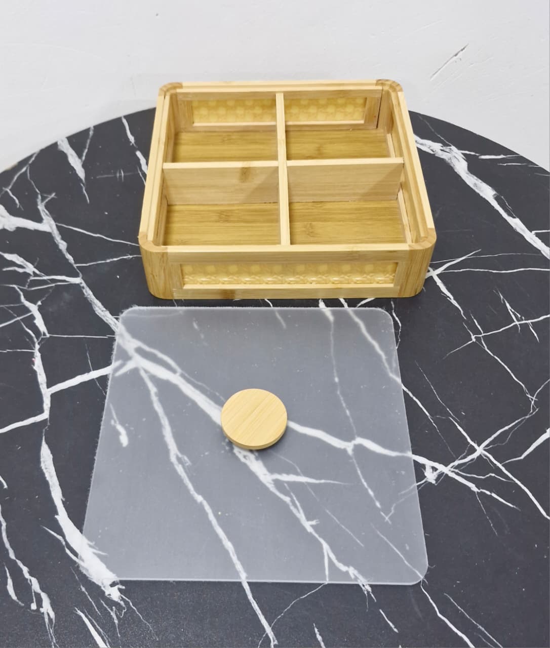 Premium square Bamboo 4-Section  Tea / Snacks Tray with Lid.