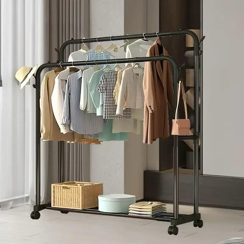 Double pole wheeled cloth rack with a bottom shoe rack
