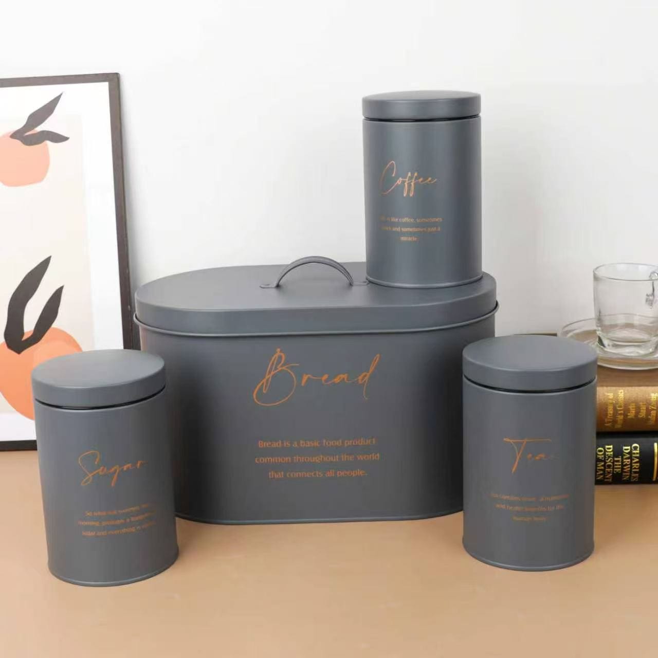 4pc Quilted Metal Bread Bin + Canister Set