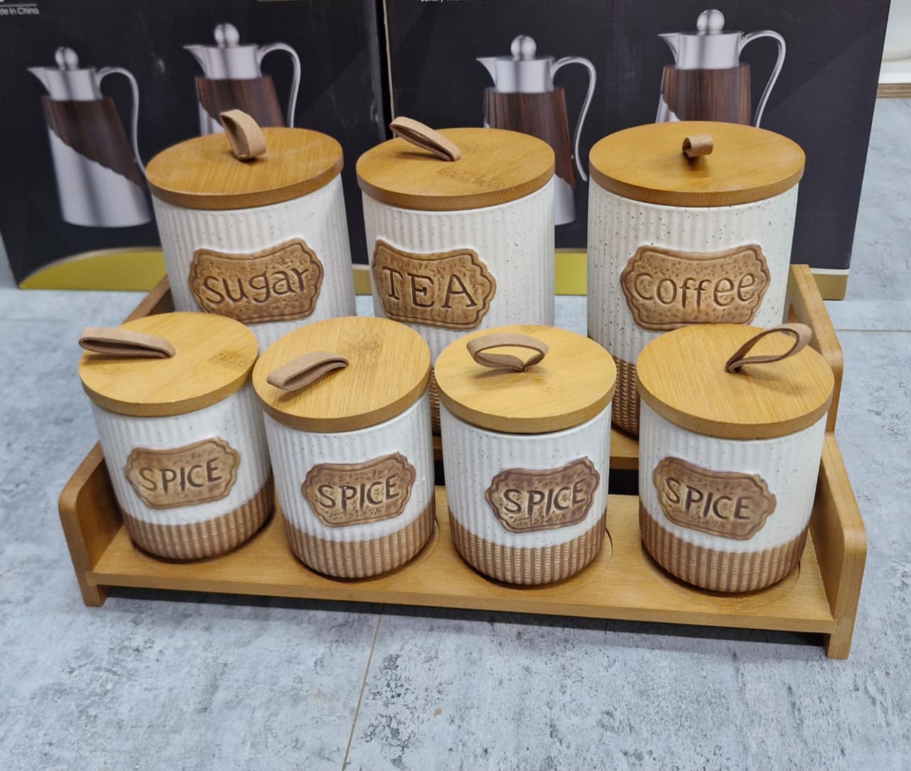 7pc White Rustic Ceramic Canister Set with Wooden Stand