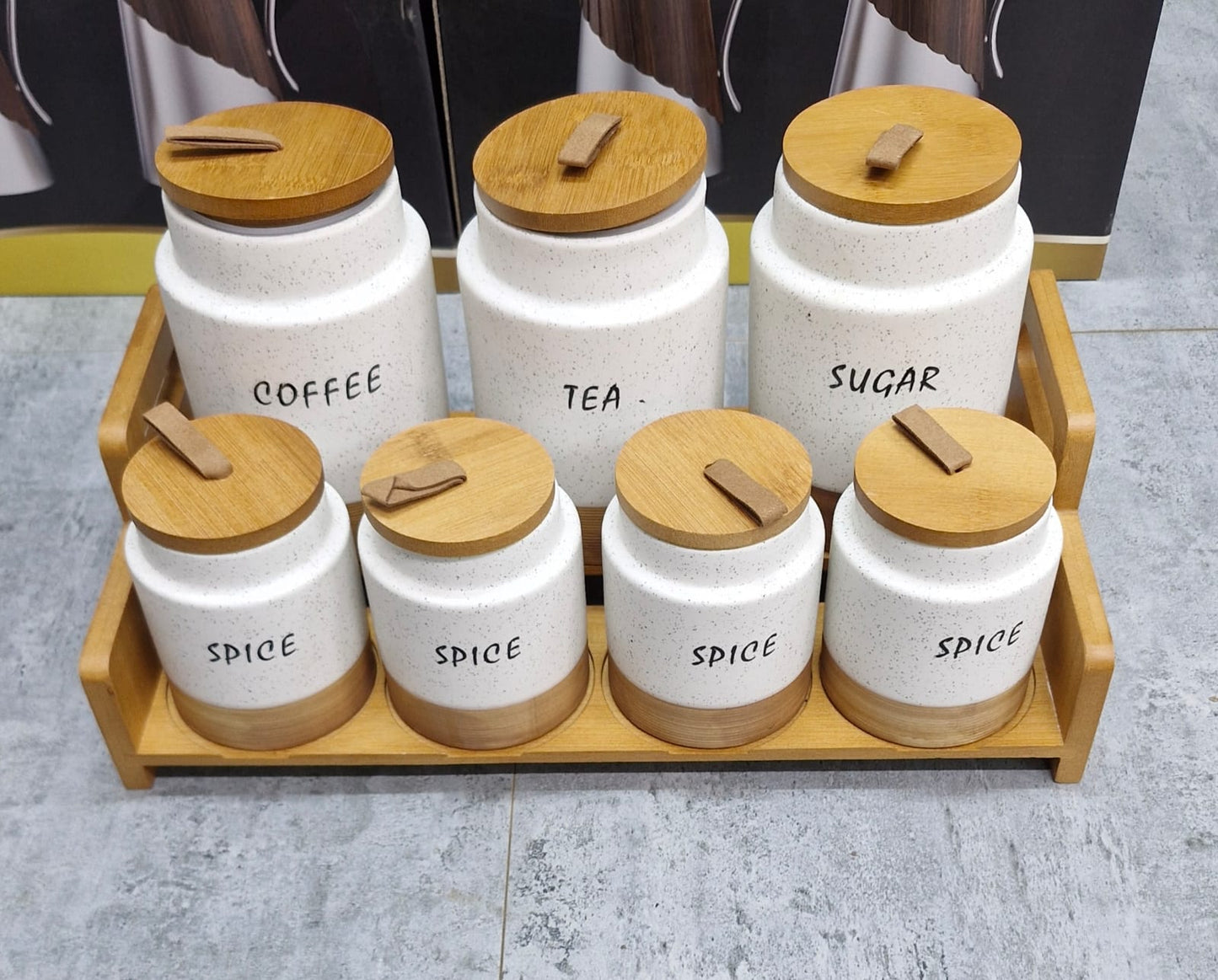 7pc White Speckled Ceramic Canister Set with Wooden Stand*