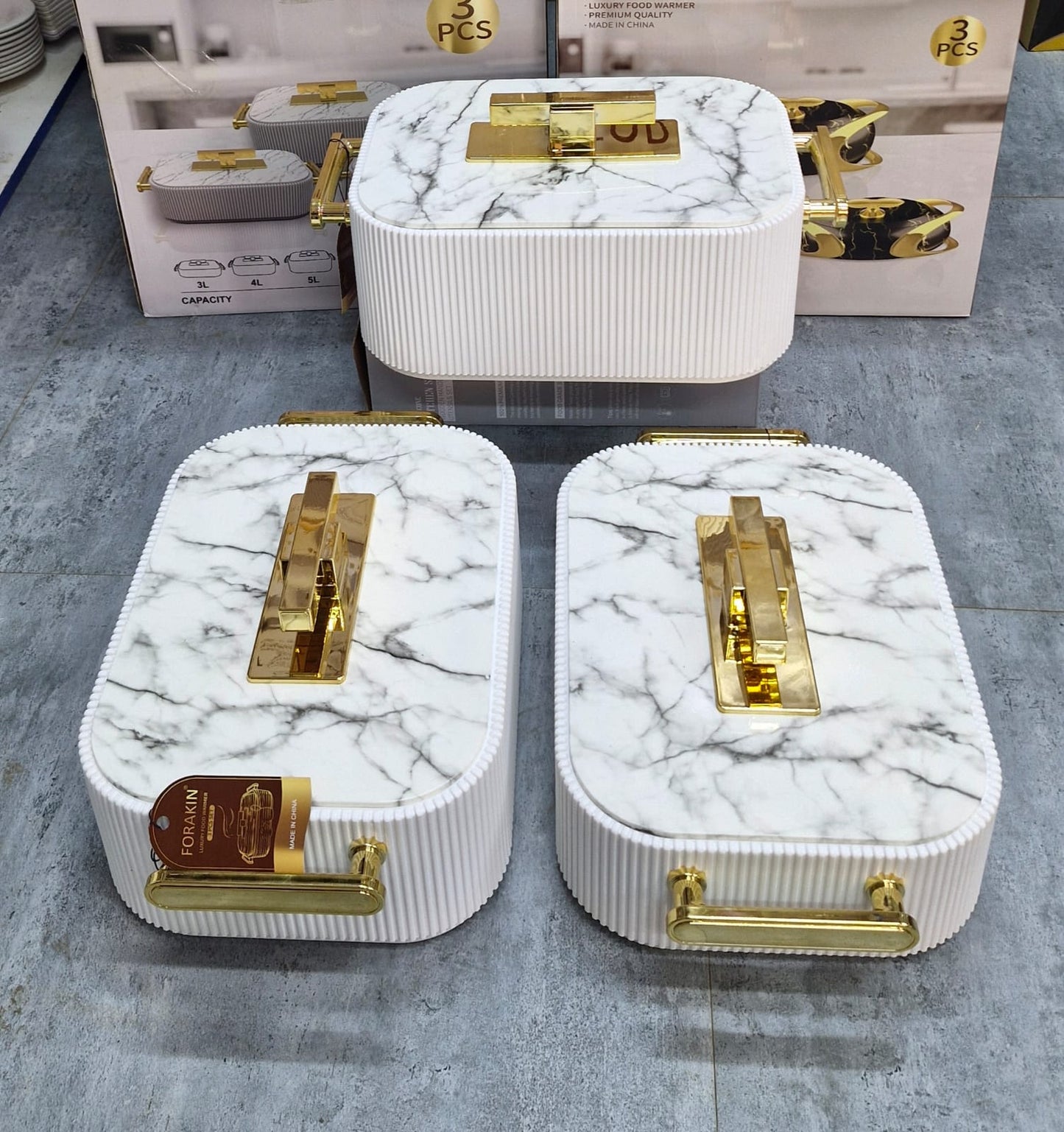 3pcs Premium Ribbed Marble +Gold insulated Food warmer